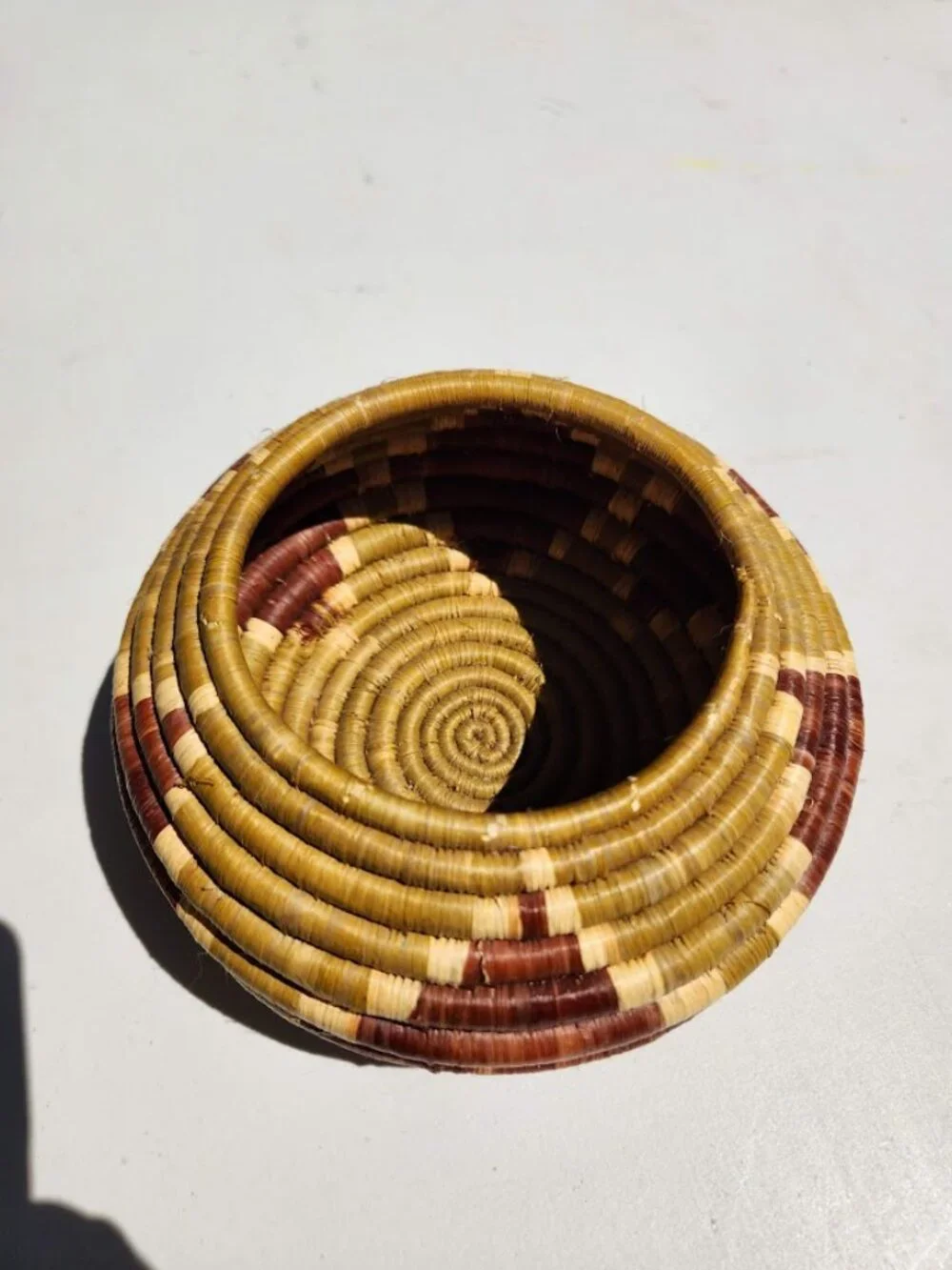 Vintage handwoven coiled basket woven with Geometric Pattern Africa Bohemian Afr